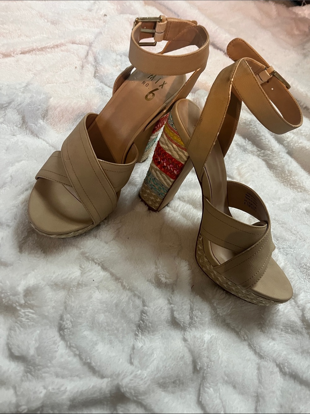 Mix No. 6 Beige Ankle-Strap Platform Sandals with Multicolor Woven 5 inch heel